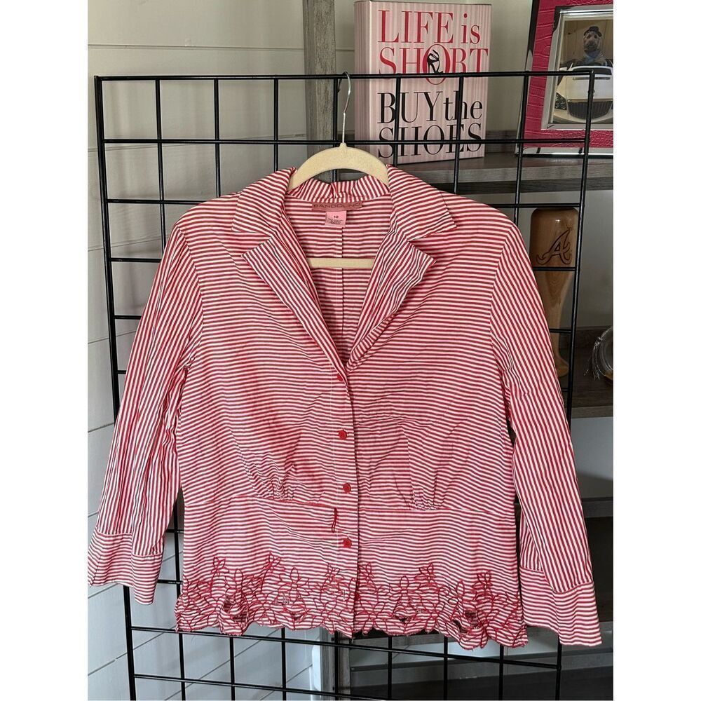 Bandolino Women's Striped Lace Cutout Blouse Womens 12 Red Cottagecore spring‎